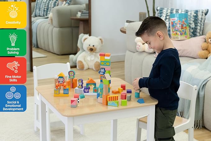 Jasey's Toy Chest Build & Imagine Wooden Blocks | 80-Piece Educational Building Set with Animal & Shape Blocks | Toddlers Ages 12+ Months