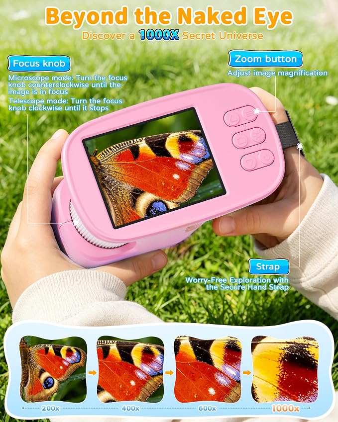 1000X Kids Handheld Microscope, 4K Digital Mini Pocket Digital Microscope with 2.4" IPS Screen, Built-in Camera & 12 Prepared Slides, STEM Educational Toy, Birthday Gift for Boys & Girls Ages 3–12