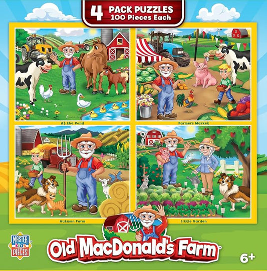 MasterPieces – Jigsaw Puzzle Set for Kids 6+ Years, 4-Pack of 100 Pieces, Educational and Fun Game, Old Macdonald’s Farm Collection, Gift Idea for Children, 8" x 10"