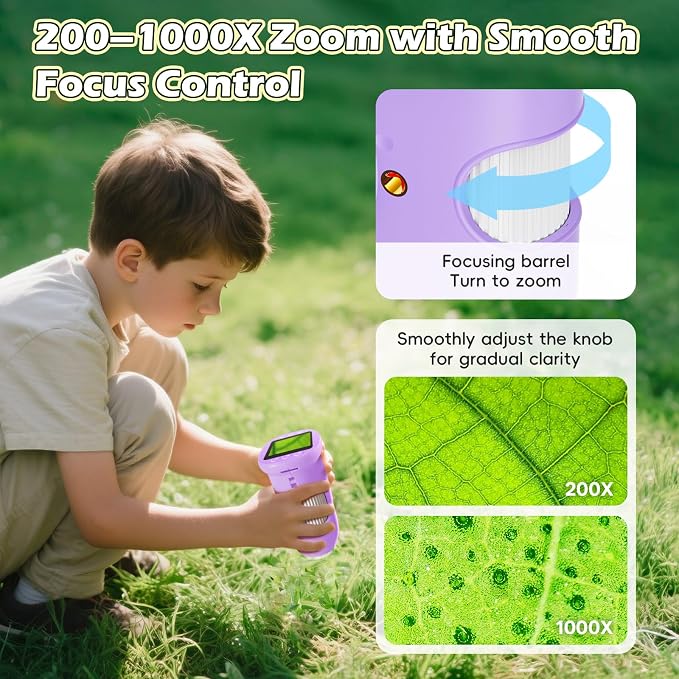 Alotwan Kids Digital Microscope 1000X Zoom, Mini Pocket Handheld Microscope with Camera/Video/Telescope Function, Portable Outdoor Travel Toys Magnifying Glass for Boys Girls 3-8 Years STEM Gifts