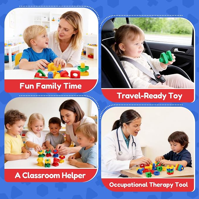 LotFancy Nuts and Bolts, 24pcs Fine Motor Skills Occupational Therapy Toys for Kids, Shapes and Colors Matching Toys, Montessori Building Construction Game with Storage Box for Baby and Toddlers