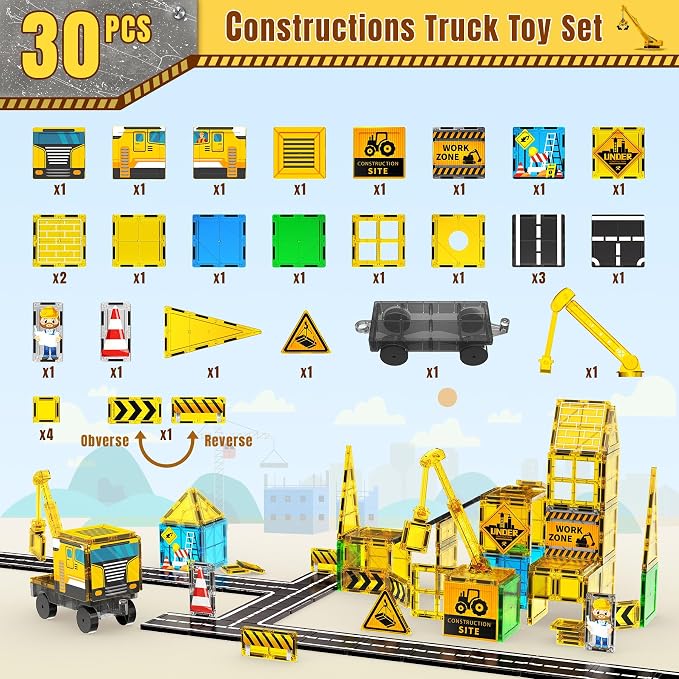 SKTMYY Magnetic Tiles for Kids, Construction Toys with Crane Road Truck | Magnets Building Blocks, Ages 3-5 4-8, Montessori Preschool Educational, STEM Toy, Birthday Gift for 3+ Years Old Boys