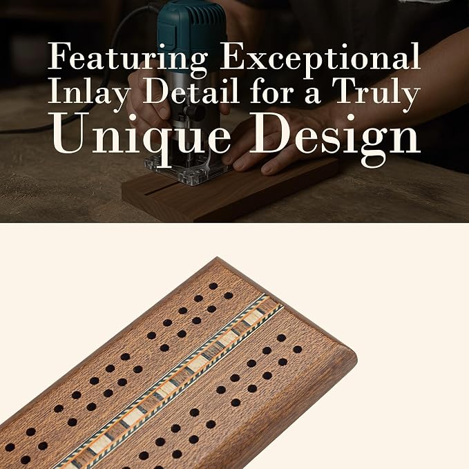 Sterling Games Wooden Cribbage 12 inch Double Track Cribbage Board with Rich Italian Inlaid for 2 Players Playing Cards Included