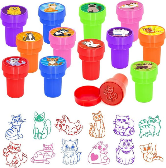 Cinrobiye 24 Pcs Cat Stampers Party Favor Set, Cute Kitty Stamps for Kids Birthday Party, Classroom Rewards, Carnival Prizes, Goody Bag Fillers, Cat Lover Party Supplies