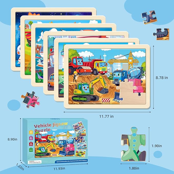 Puzzles for Kids Ages 4-6, 6-Pack 30-Piece Wooden Kids Puzzles | Vehicle Adventure Themes | Educational Puzzles for Kids Ages 3-5, Age-Appropriate Learning Toys, Ages 3+