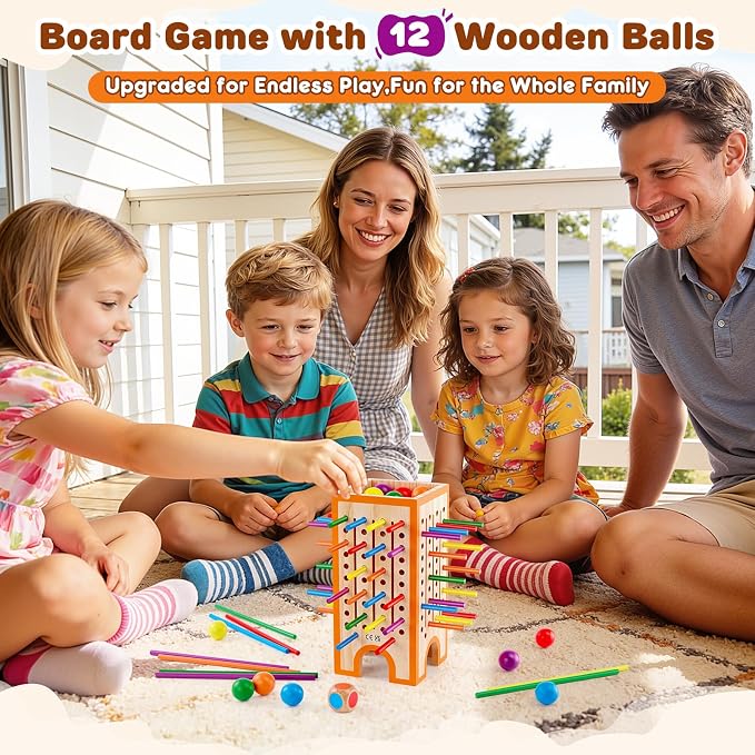 Montessori Board Game for Kids 4-6, 42 Colorful Wooden Sticks Dice Game with 12 Balls, Math & Counting Educational Toy for 3 4 5 6 Year Olds, Fine Motor Skills, Classic Table Game for Family Night