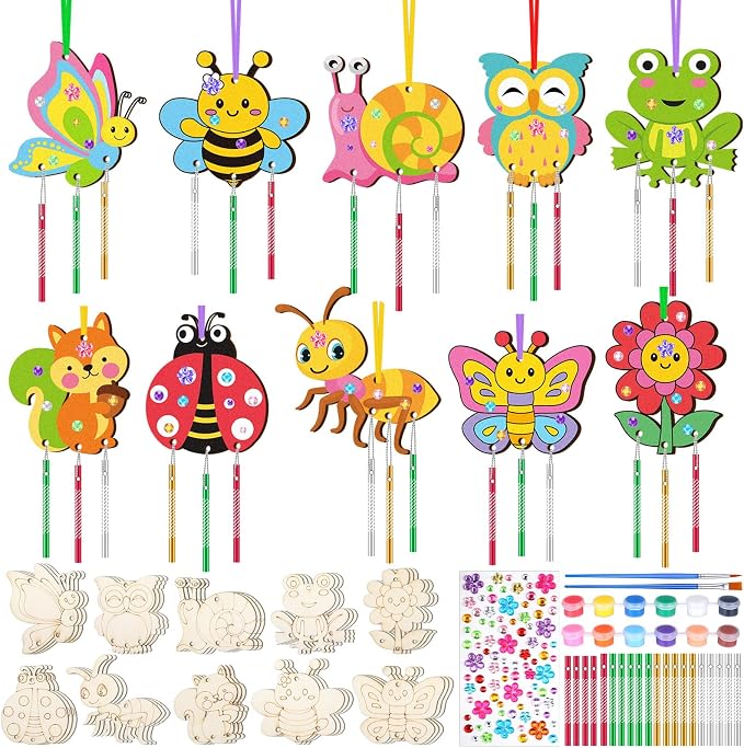 JellyArch 30 Pcs Wind Chime Craft Kit, DIY Wooden Insect with Paint | Paint Brushes Stickers, Kids Adults Summer Party, Ocean Beach Decor, Bulk Church Windows, Bee Ladybug Butterfly Designs