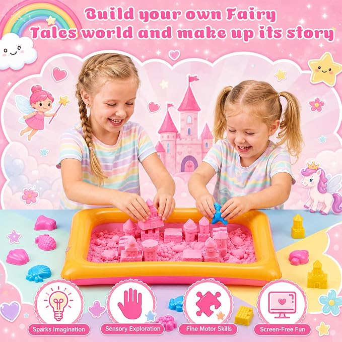 Teyva Daily 59 Pcs Sensory Bin Sand Kit with 2.2lbs Pink Moldable Play Sand, Inflatable Tray, Lidded Storage Box, Castle Ocean Animal Fruit Molds, Flags and Pump for Kids Toddler Ages 4-6