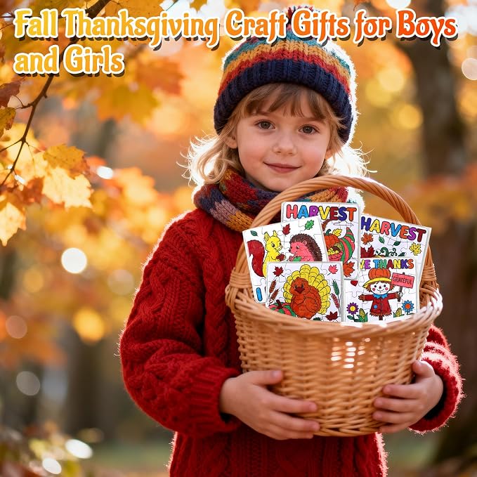 Fall Thanksgiving Arts & Crafts for Kids Autumn Activities DIY Puzzle Kit | 24Ps Thanksgiving Jigsaw Maple leaf Turkey for Fall Harvest Party Favors Classroom Gift Blank Coloring Game Toy Supplies Bulk