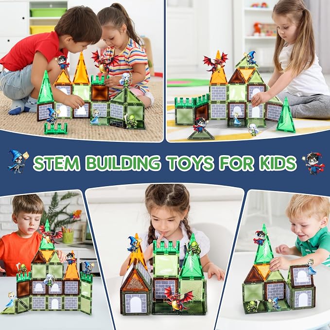 Dragon & Princess Magnetic Tiles for Kids 5-8 – Fantasy World Building Blocks with Monster, Wizard, Elf, Skeleton, STEM Toy for Boys & Girls, Christmas Birthday Gift