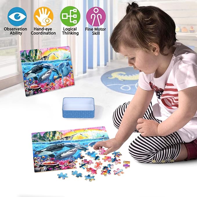 LELEMON Puzzles for Kids Ages 4-6,4-Pack 100 Piece Puzzles for Kids Ages 4-8 in a Metal Box,Dogs Donut USA Map Underwater World Educational Jigsaw Puzzles Puzzle Games Puzzle Toys for Girls and Boys