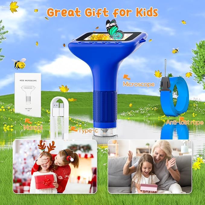 SKYBASIC Digital Microscope for Kids, 3" Screen 1000X Handheld Microscope HD Pocket Portable Microscopes Camera, Science Edu Fun Toys for Ages 4-12 Children Students Boys Girls -Blue