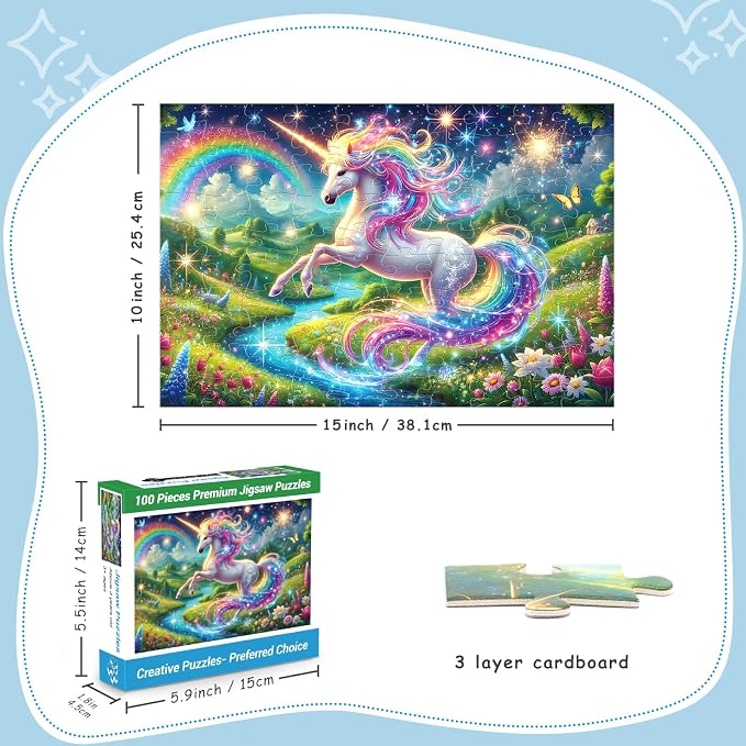 100 Piece Puzzles for Kids Girls Boys Ages 4-10, Rainbow Unicorn Puzzles | Learning Educational Jigsaw Puzzles Toys with Full-size Poster, Holiday/ Birthday/Party/School Gifts for Children