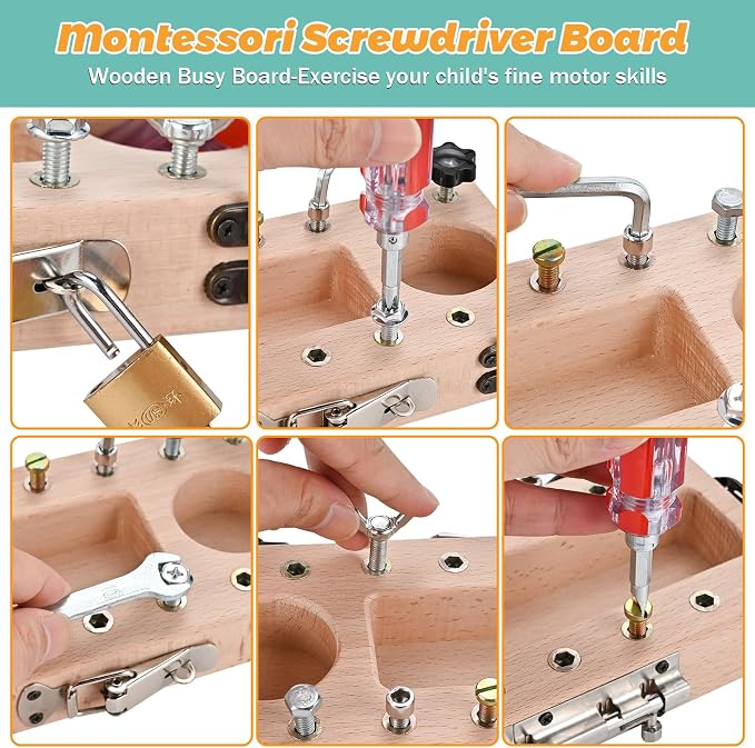 Montessori Screwdriver Board Set with Lock and Key, Montessori Toys for 3 4 5 Year Old, Wooden Screw Driver Activities Tools, Fine Motor Skills Preschool Learning Sensory Toy
