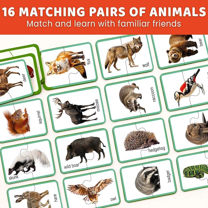 QUOKKA Toddler Puzzles Ages 2-4 – 100% Self-Correcting 16 Realistic Matching Forest Animals – Educational Toddler Puzzles Ages 1-3 with 32 Pcs - Memory Matching Games for 3-5 Years Old Boys and Girls