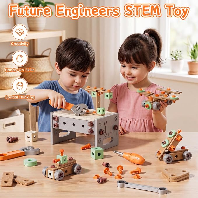 CUTE STONE 200PCS Toddler Tool Set with Electric Toy Drill | STEM Construction Building Toy, 2-in-1 Tool Bench & Storage Box, Montessori Pretend Play Gift for Kids Boys Girls Ages 3-6