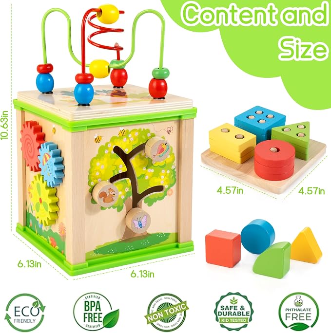 WOODMAM Wooden 7-in-1 Activity Cube, Montessori Toys for 1 2 Year Old | Educational Developmental Toys, One Year Old Boy Girl Birthday Gifts, Bead Maze, Xylophone, Sorting & Stacking Board