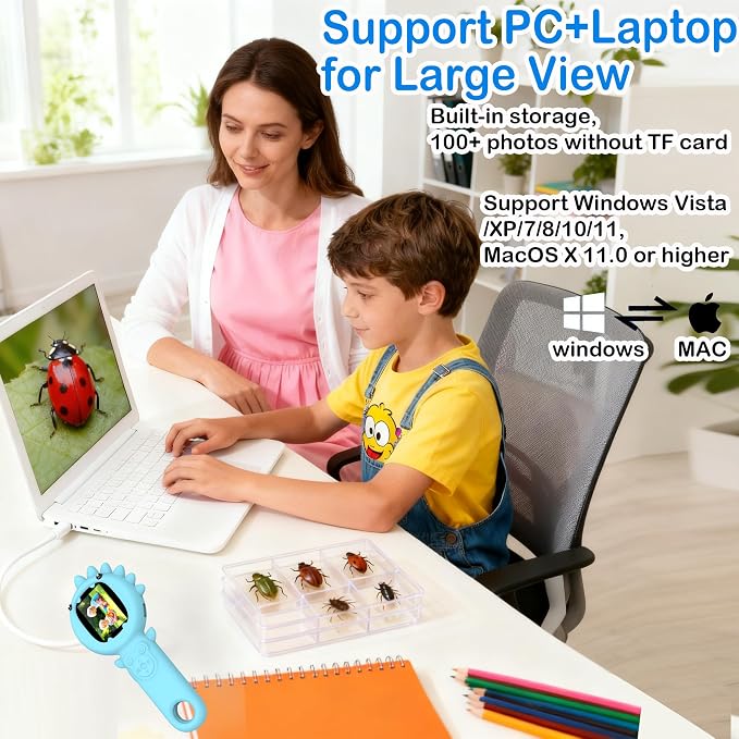 Portable Microscope for Kids & Toddlers, Mini Pocket Handheld Microscope with Photo and Video Function, STEM Educational Science Kit (32GB Card) (Blue) (Blue)