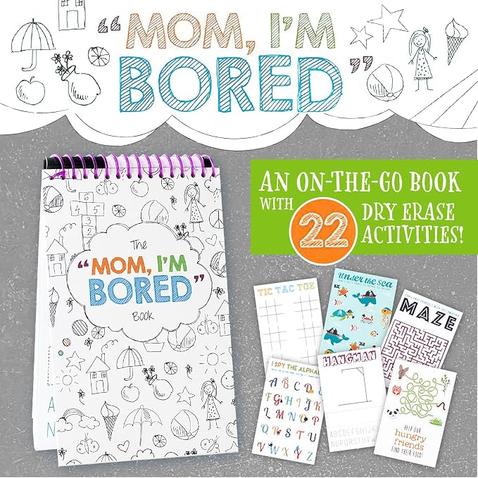Squirrel Products Mom, I'm Bored Children's Activity Book, Fun Reusable Dry Erase Toy - Roadtrip Essentials, Word Games, Screen Free Activites for Kids Ages 3 and Up - Original Version