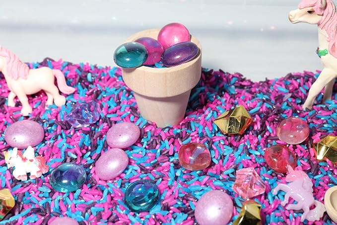 Unicorn Sensory Bin Kit for Kids | Pink, Purple & Blue Rice, Unicorn Figurines & Charms, Crystals & Wooden Tools – Includes Clear Storage Bin