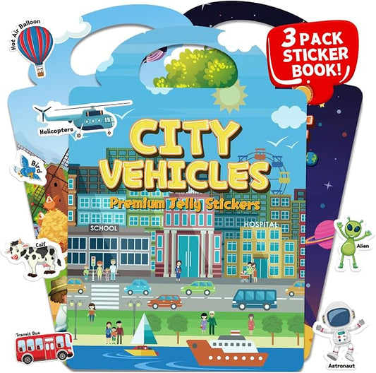 3 Sets of Reusable Jelly Stickers Books - Jelly Sticker Books for Kids - Airplane and Car Travel Toys Educational Gifts for Boys and Girls（Vehicles+Farm+Space）