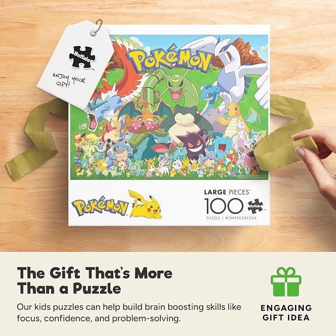 Buffalo Games - Pokémon Fan Favorites - 100 Piece Puzzle for Kids Ages 6-8 | Official Pokemon Licensed, Recycled Board, Finished Size 15 in x 11 in15 in x 11 in, Includes Poster, Giftable