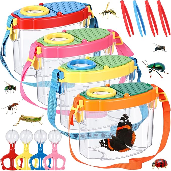 Halloscume 4 Set Bug Catcher for Kids Bug Viewer and Insects Tweezer for Students, Critter Catching Kit Magnifying Insect Cage Container Kit for Kids Outdoor Science Nature Exploration