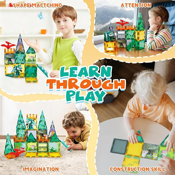 Magnetic Tiles with Tino Dinosaur Transformable Toy, STEM Building Blocks for Kids Ages 3-8, Travel Magnet Construction Set, Educational Dino Toys for Boys Girls Preschool Learning