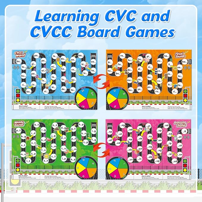 Broytain Phonics Board Games for Kids,Educational Learning CVC and CVCC Board Games for Boys and Girls,Reading and Spelling Word Games Ages 4 5 6,Classroom Travel Indoor Outdoor Family Games