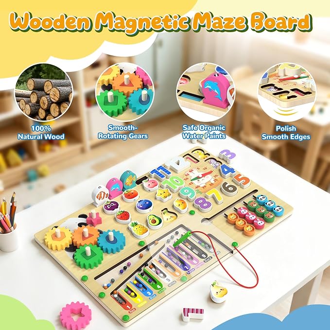 9-in-1 Montessori Busy Board Wooden Magnetic Maze Toy for 3+ Year Old Gift | Toddler Sensory Educational Activity Board Travel Toy with Felt Counting Blocks