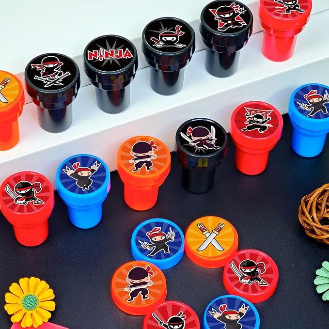 Cinrobiye 24 Pcs Ninja Stampers Party Favor Set, Cute Ninja Warrior Stamps for Kids Birthday Party, Classroom Rewards, Goody Bag Fillers, Martial Arts Themed Party Supplies