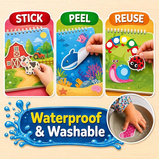 Jelly Sticker Books for Toddlers 3-5 - 61 Reusable Stickers Busy Book | 10 Preschool Topics - Waterproof Washable Toddler Activity Book - Learning Toys for Shapes, Colors, Matching, Animals