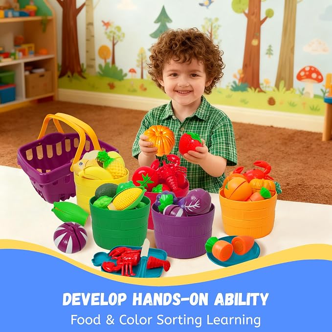 Play Food Sets for Kids Kitchen - Learning Toy Color Sorting | Cutting Toy Food - Safe ABS Materials, Play Food for Toddlers 1-3, Great Gifts for 3-8 Years Old Boys & Girls