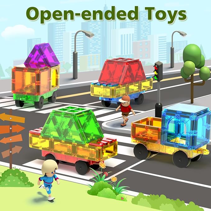 Feoxialy Magnetic Tiles Cars 4 PCS Magnetic Cars Set Construction Kids Toys | Magnet Building Blocks for Kids Ages 4-8 3-5, Truck Kit Educational Toys Gifts for 3+ Year Old Boys Girls Christmas Birthday
