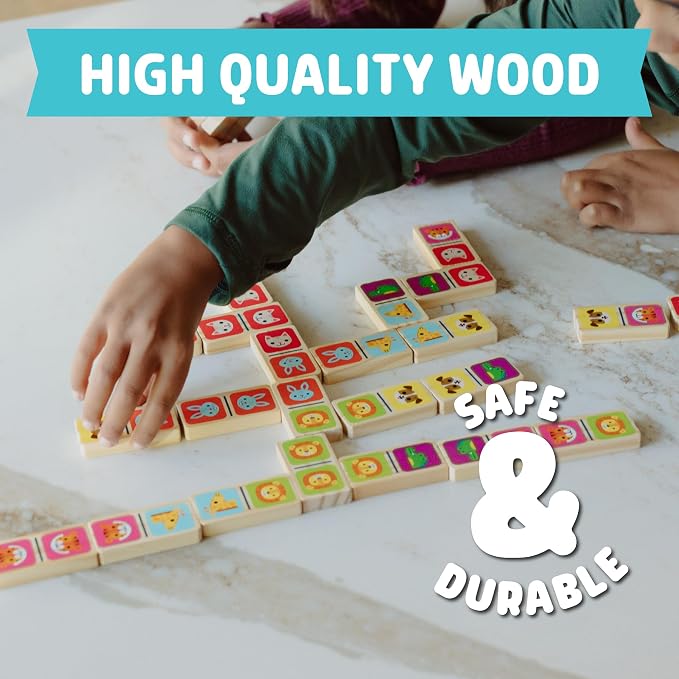 Chuckle & Roar Double-Sided Wooden Dominoes Set | 28-Piece Animal & Classic Pips Matching Game in Metal Storage Tin, Family Game Night Fun for Kids Ages 4+
