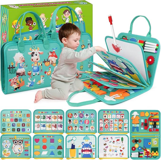 Montessori Busy Board - Sensory Learning Toys for Toddlers 3-6 Years-10 Pages-32 Activities, Airplane Car Travel Educational Toys for Autism, 3 Years Boy Birthday Gift (Cyan)