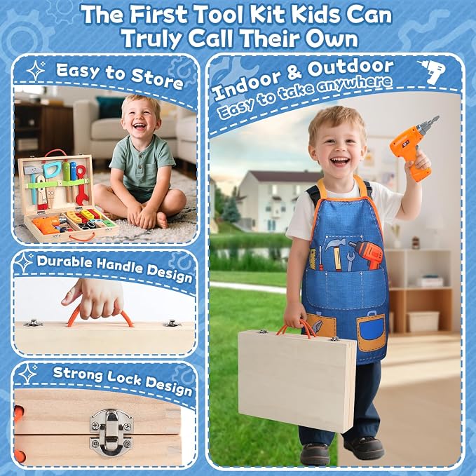 Wooden Kids Tool Set with Drill, Montessori Toys for 3 Year Old Boys | 44 Pcs with Apron & Box Easy Storage STEM Tool Set for Pretend & Fine Motor Skills Birthday Gifts for 3 4 5 Year Old Boy Girl