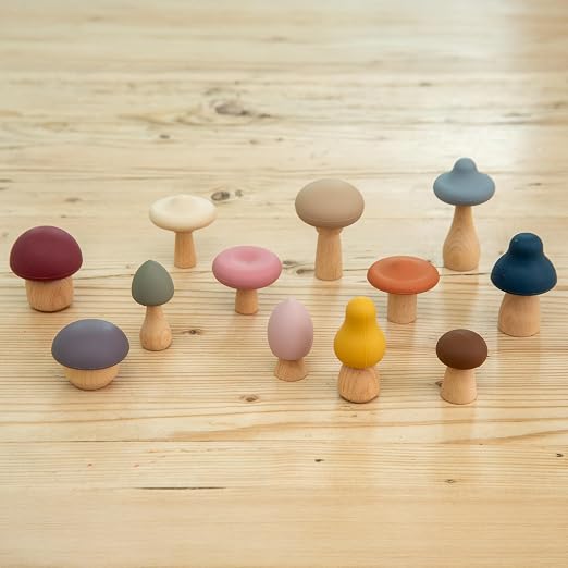 tickit SiliSoft Woodland Mushroom Set | 12 Soft Silicone & Wooden Mushrooms for Sensory Play, Motor Skills & Imaginative Small-World Adventures