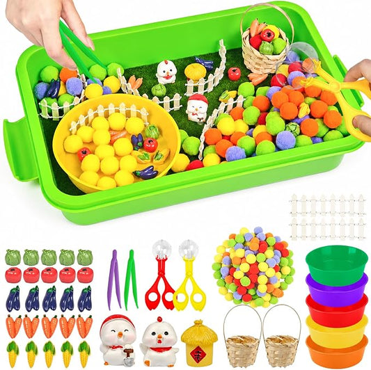Cinrobiye 152 Pcs Vegetable Learning Activity Set, Farm Vegetable Sorting Game with Garden Vegetables and Farm Accessories for Fine Motor Activities, Preschool Classroom Learning & STEM Education
