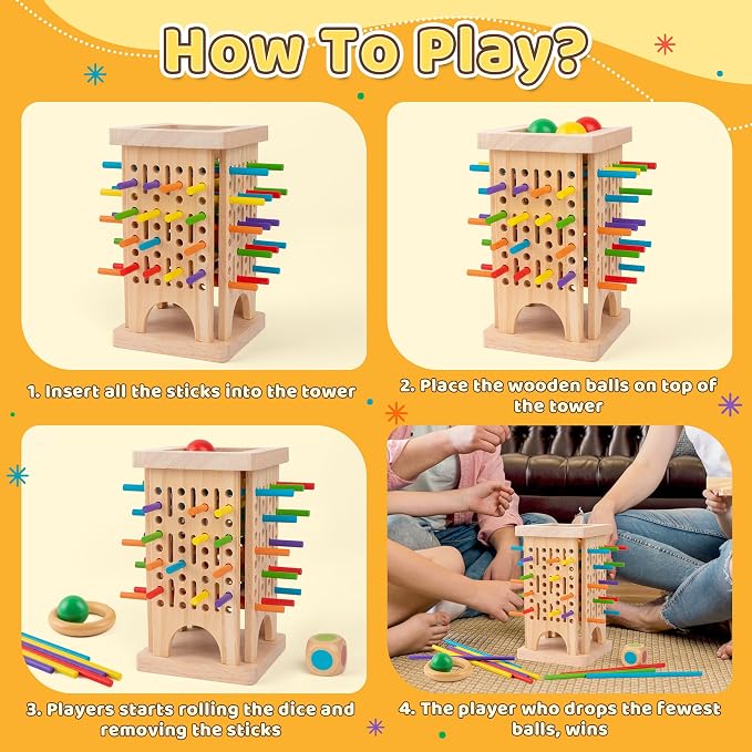 Montessori Game Wooden Board Game, Colorful Wooden Sticks Dice Game Math Educational Toys for 3 4 5 6 Years Old, Fine Motor Skills Toys & Counting Toy Family Game Travel Toys Gifts for Kids