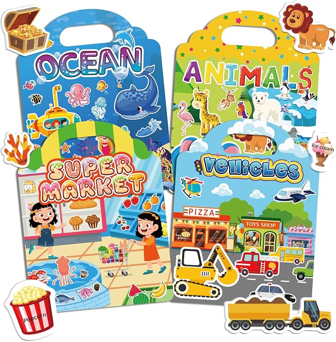 4 Pack Jelly Reusable Sticker Books for Toddlers | Toddler Toys,Birthday Gifts for Boys Girls,Airplane Travel & Road Trip Essentials Kids