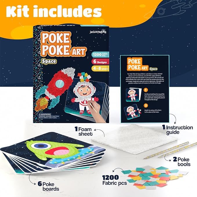 jackinthebox Poke Art Space Crafts Kits for Boys Kid, Activity Toy Ages 4-8 | 1200 fabric pieces, fun travel activities & kits, birthday gift for kids & toddler, age 4 5 6 7 8 year old, flower pressing