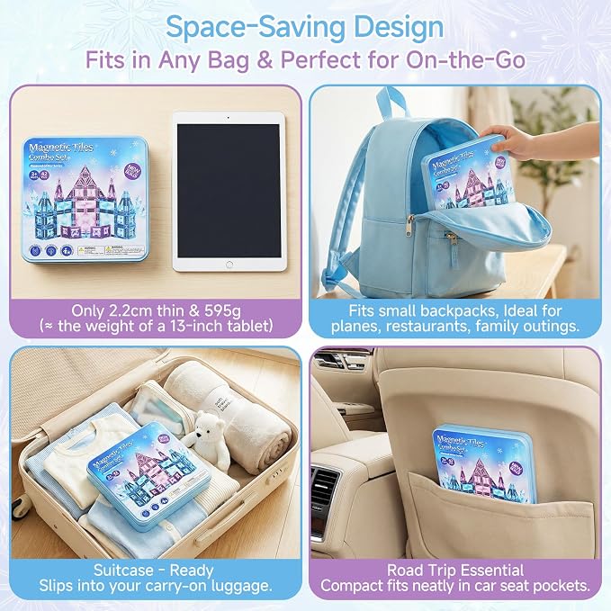 burgkidz Magnetic Tiles Travel Mix: Castle Gift for Girls 3-8 Portable | 42pcs mix sizes, ice-purple, storage tin base, 595g, BPA-free, ASTM safe, strong magnets, screen-free travel for girls 3-8