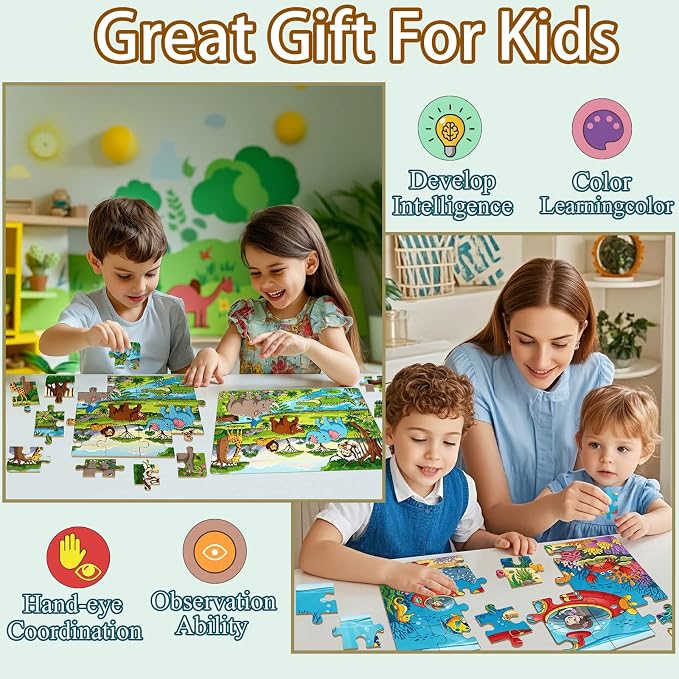 Wooden Puzzles Dinosaur Toys for Kids Ages 4-6, 4 Packs 24 Piece | Wooden Jigsaw Puzzles Preschool Educational Learning Toys Gifts for 3 4 5 6 Year Old Boys and Girls
