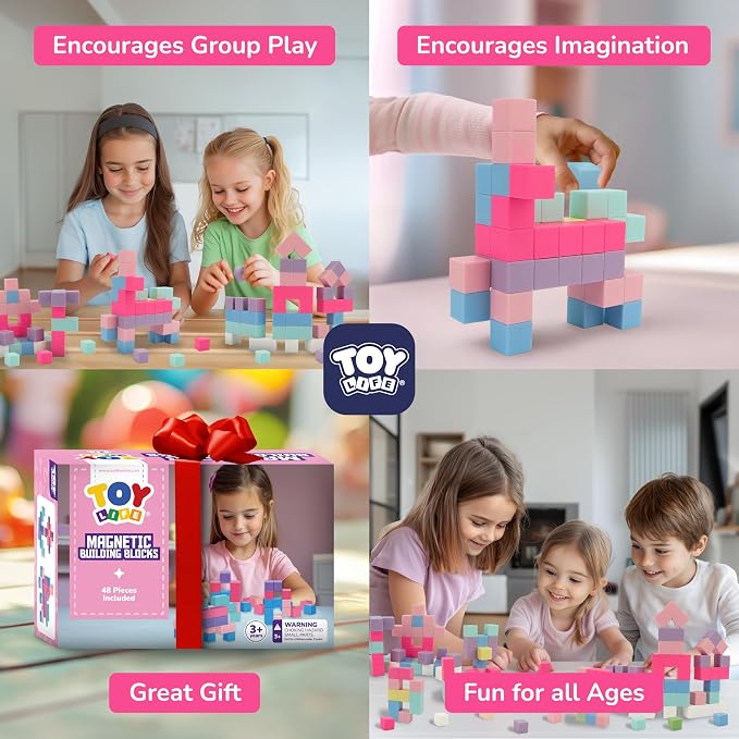 TOY Life Pastel Magnetic Blocks, 48-Piece STEM Set, Ages 3-8 | 6 soft colors, smooth ABS cubes, open-ended construction, spatial play, birthday gift