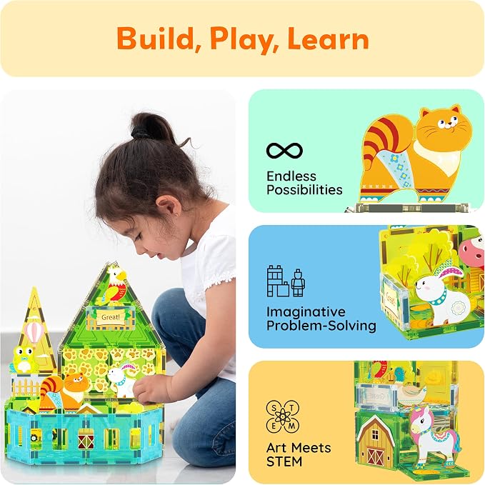 PicassoTiles 26 Piece Magnetic Tiles, Fall Farm Set with 8 Animals, Ages 3+ | 18 printed autumnal designs, rabbit, duck, parrot, frog, unicorn, cat, cow, dog, BPA-free, full-size compatibility, STEM play