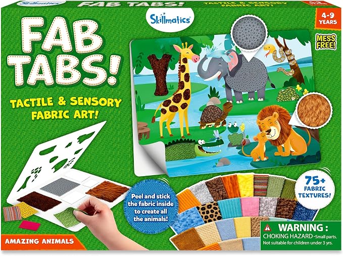 Skillmatics Fab Tabs – Animals, Sensory Fabric Art, Sewing Craft Kit | Peel & Stick Sticker Activity, Mess-Free Play, Travel Toy, Gifts for Boys & Girls Ages 4, 5, 6, 7, 8, 9