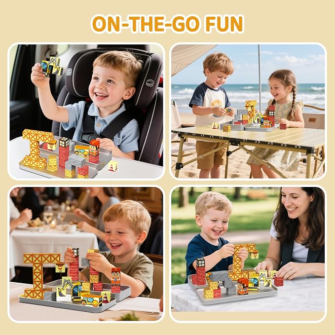 WMDXU Magnetic Cubes Boys Travel: Engineering Building Set with Storage Box | 35PCS Engineering-Themed Magnet Cubes, Hands-On Construction Fun for Boys, Road Trip Sensory Toy for Ages 3-8