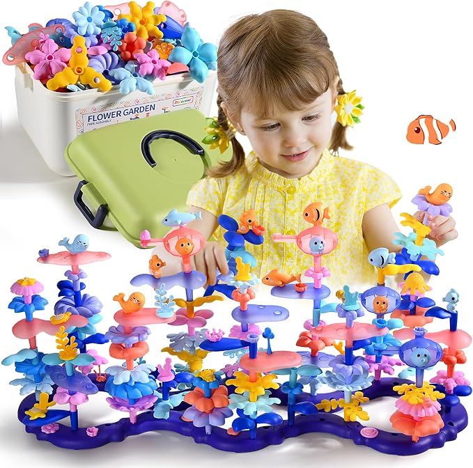 Doloowee 156Pcs Marine Coral Flower Garden Building Toys for Girls Age 3-8 | 156pcs BPA-free marine coral & ower garden building toys in a storage box. Screen-free STEM gift for girls ages 3-8.