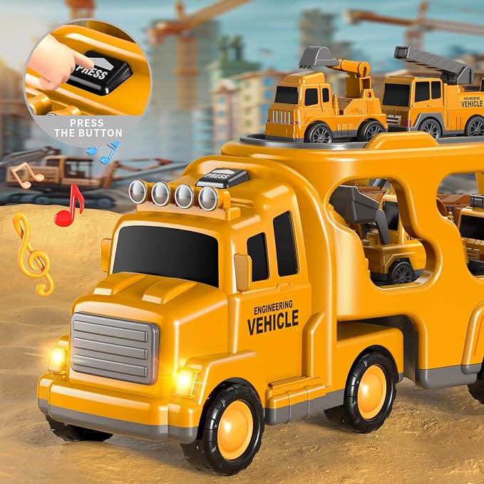 Beby Buty 7 in 1 Construction Trucks Cars for Toddlers 3-5, Boy Toddler Car Truck Toys with Light Sound, Birthday Gifts for 3 4 5 6 Year Old Boy